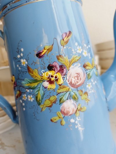 画像15: アンティークホーロー手描きローズとパンジー柄ポット