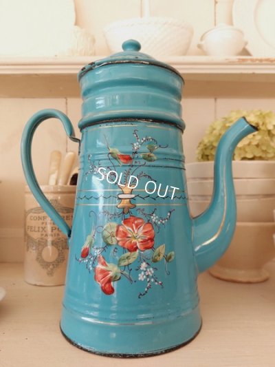 画像2: アンティークホーロー手描き朝顔柄ポット