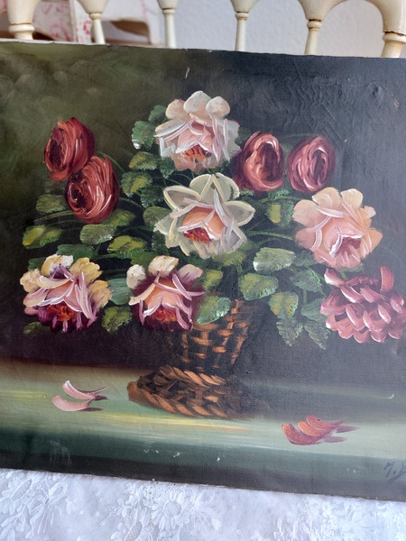 画像1: アンティークローズ花かご柄油絵