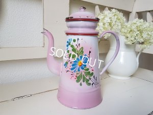 画像1: ホーローピンク手描きコーヒーポット