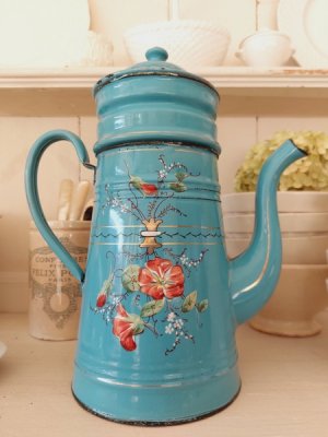 画像2: アンティークホーロー手描き朝顔柄ポット